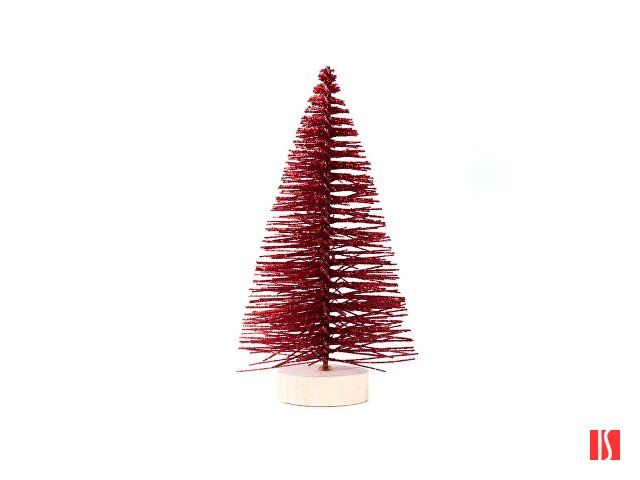 Новогоднее украшение Елочка Красная из полипропилена на подставке из древесины сосны / 12x6x6см