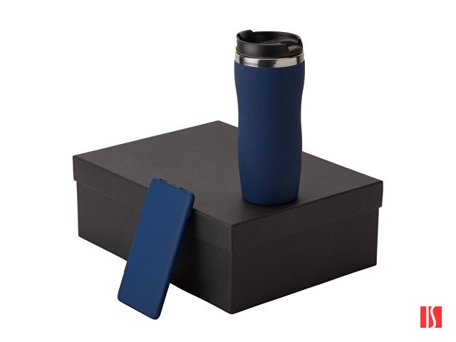 Подарочный набор c вакуумной термокружкой и повербанком С1, темно-синий