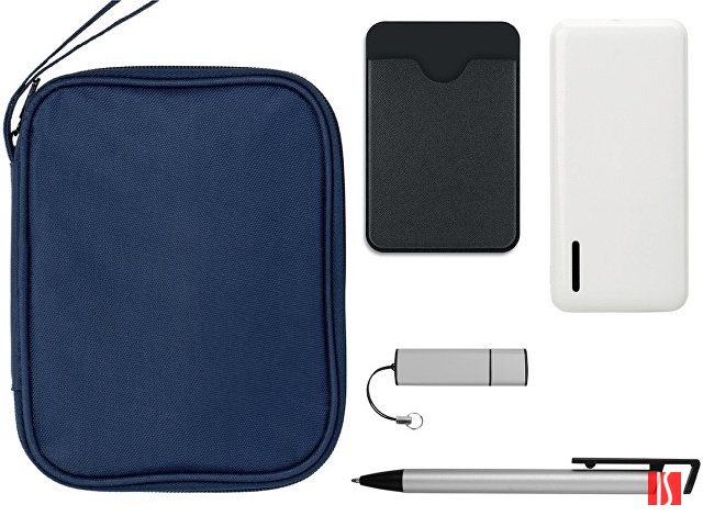 Подарочный набор с флешкой, повербанком и ручкой, темно-синий/серебристый