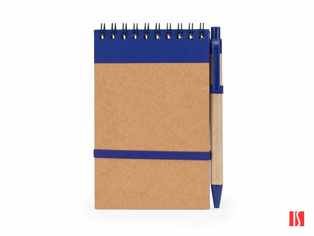 Блокнот LIEN с шариковой ручкой из переработанного картона, крафт/королевский синий