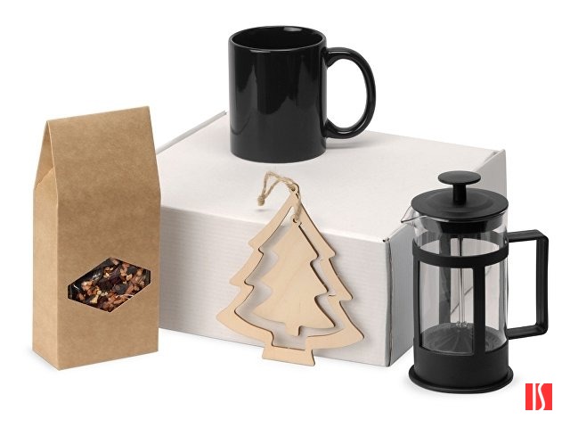 Подарочный набор с чаем, кружкой, френч-прессом и новогодней подвеской "Чаепитие", черный