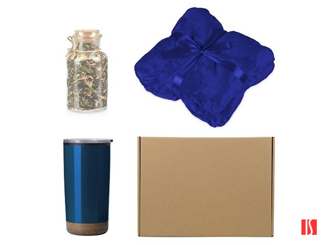 Подарочный набор с пледом, термокружкой и чаем, синий