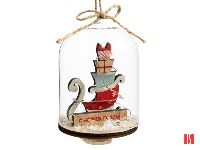 Новогоднее украшение Сани в колбе из древесины тополя и стекла, со светодиодной подсветкой, в комплекте с 2-мя батарейками CR2032, мощностью 0,06 Вт, напряжением 3В / 11x7см