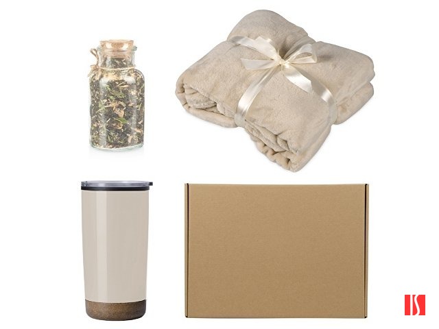 Подарочный набор с пледом, термокружкой и чаем, бежевый