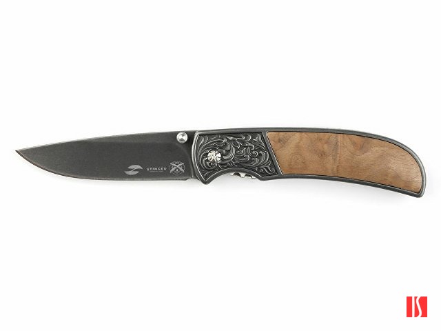 Нож складной Stinger, 71 мм, (чёрный), материал рукояти: сталь/дерево (коричневый)