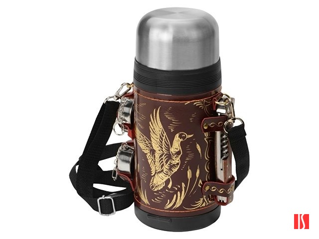 Термос в кожаном чехле, 1,2л, бордовая кожа