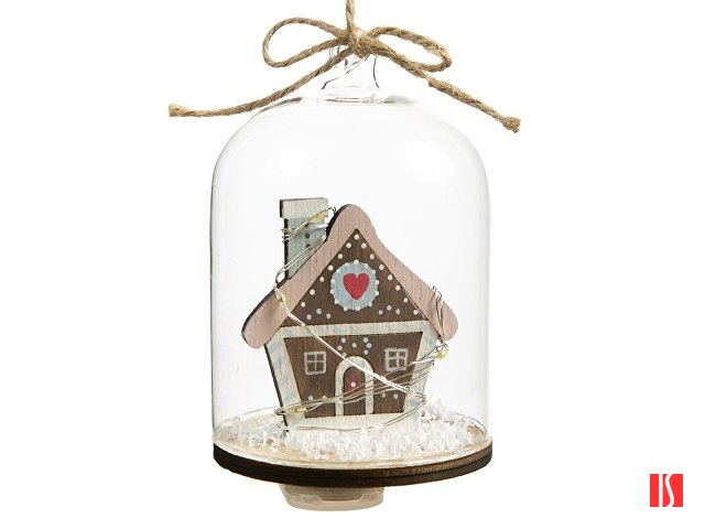 Новогоднее украшение Домик в колбе из древесины тополя и стекла, со светодиодной подсветкой, в комплекте с 2-мя батарейками CR2032, мощностью 0,06 Вт, напряжением 3В / 11x7см