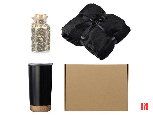 Подарочный набор с пледом, термокружкой и чаем, черный