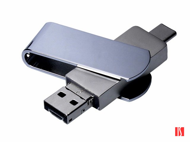 USB 2.0-флешка на 32 Гб поворотный механизм, c дополнительным разъемом Micro USB с одноцветным металлическим клипом