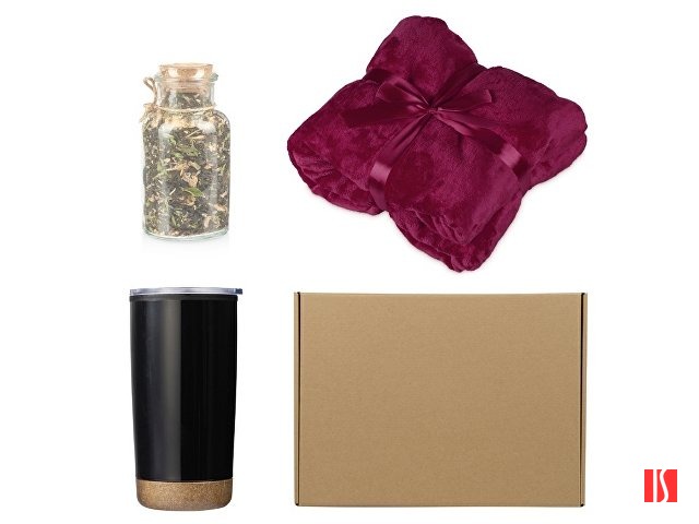 Подарочный набор с пледом, термокружкой и чаем, бордовый