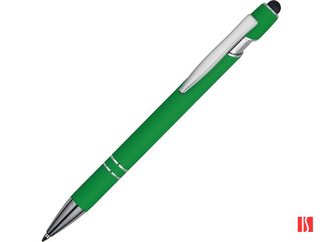 Ручка металлическая soft-touch шариковая со стилусом «Sway», зеленый/серебристый
