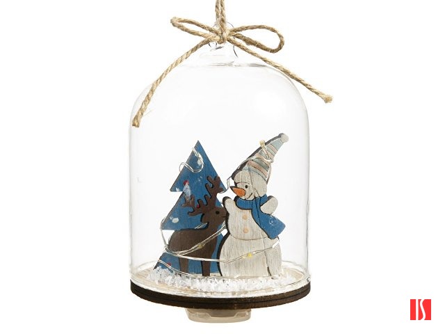 Новогоднее украшение Снеговик в колбе из древесины тополя и стекла, со светодиодной подсветкой, в комплекте с 2-мя батарейками CR2032, мощностью 0,06 Вт, напряжением 3В / 11x7см