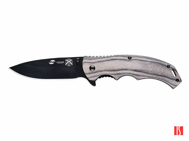 Нож складной Stinger, 120 мм, (чёрный), материал рукояти: дерево/сталь (серый), в картонной коробке