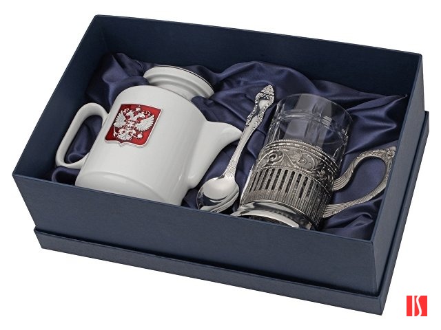 Чайный набор с подстаканником и фарфоровым чайником «ЭГОИСТ-М», серебристый/белый