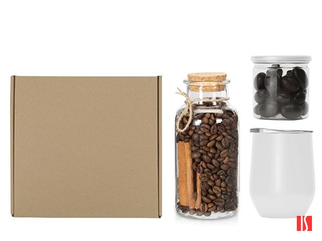 Купить Подарочный набор с термокружкой, кофе и миндалем в шоколаде, белый Подарочный набор с термокружкой, кофе и миндалем в шоколаде, белый