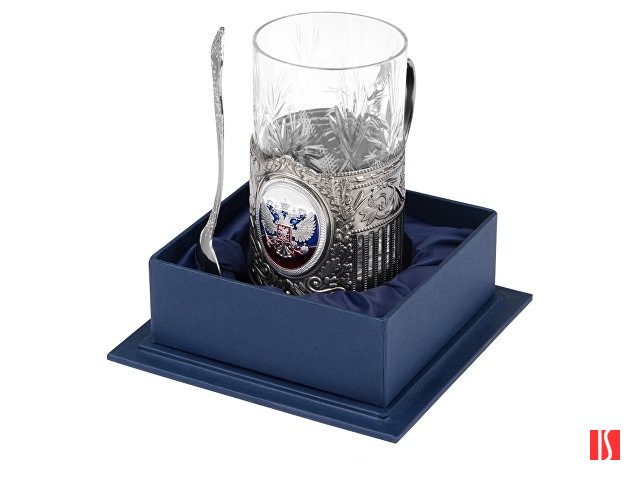 Подстаканник с хрустальным стаканом и ложкой РОССИЙСКИЙ-М, серебристый/прозрачный