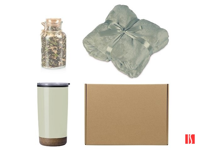 Подарочный набор с пледом, термокружкой и чаем, оливковый