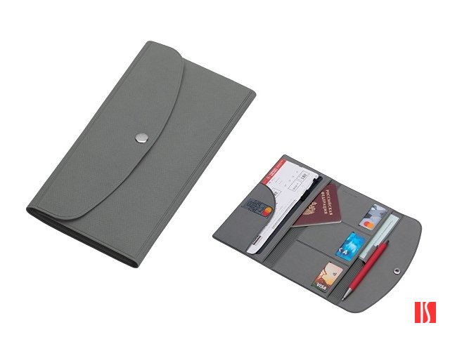 Органайзер для документов на кнопке с отделением для купюр и ручки, упаковка в индивидуальный пакет, серый