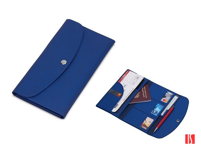 Органайзер для документов на кнопке с отделением для купюр и ручки, упаковка в индивидуальный пакет, синий/темно-синий