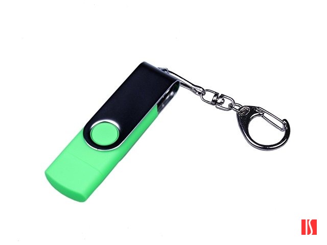 USB-флешка на 32 Гб поворотный механизм, c двумя дополнительными разъемами MicroUSB и TypeC, зеленый