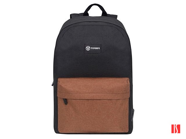 Рюкзак TORBER GRAFFI, черный с карманом коричневого цвета, полиэстер меланж, 42 х 29 x 19 см