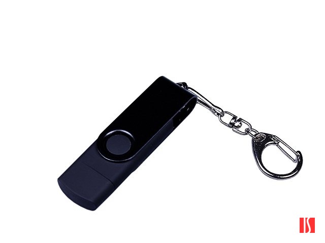 USB-флешка на 64 ГБ 3 в 1 поворотный механизм, c двумя дополнительными разъемами MicroUSB и TypeC C с одноцветным металлическим клипом, черный