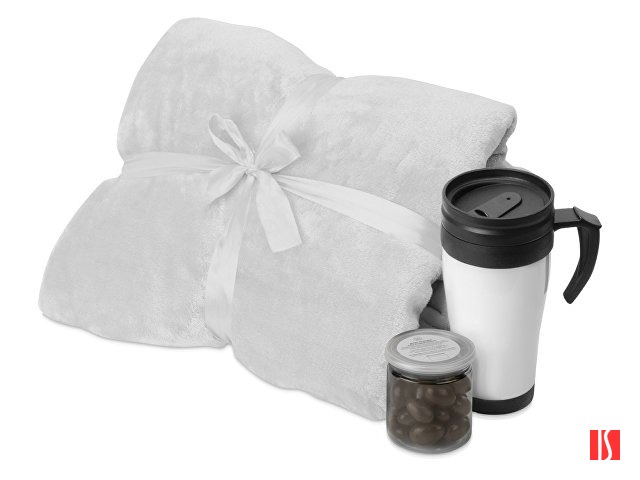 Подарочный набор с пледом, термокружкой и миндалем в шоколадной глазури "Tasty hygge", белый