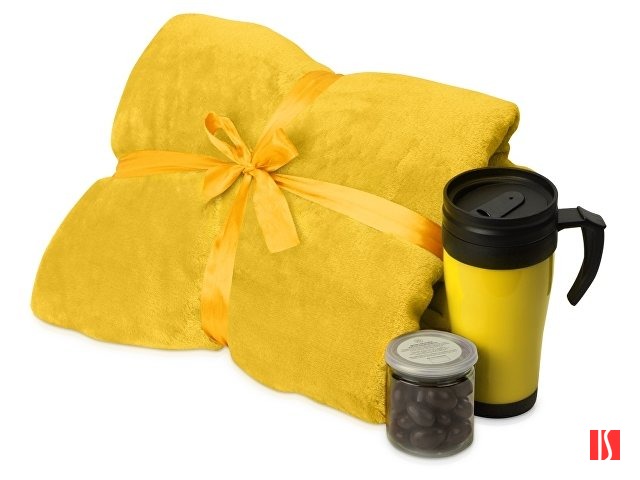 Подарочный набор с пледом, термокружкой и миндалем в шоколадной глазури "Tasty hygge", желтый