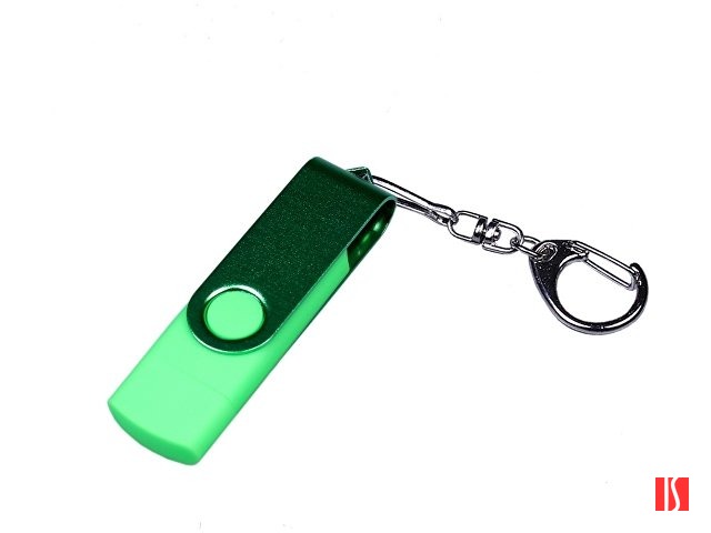 USB-флешка на 64 ГБ 3 в 1 поворотный механизм, c двумя дополнительными разъемами MicroUSB и TypeC C с одноцветным металлическим клипом, зеленый