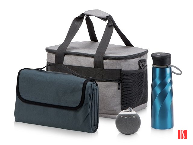 Подарочный набор с пледом и колонкой в сумке - холодильнике " Musical trek", синий