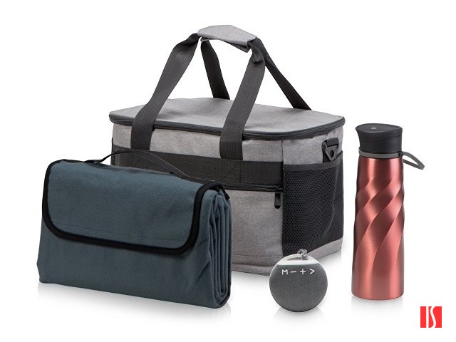 Подарочный набор с пледом и колонкой в сумке - холодильнике " Musical trek", красный