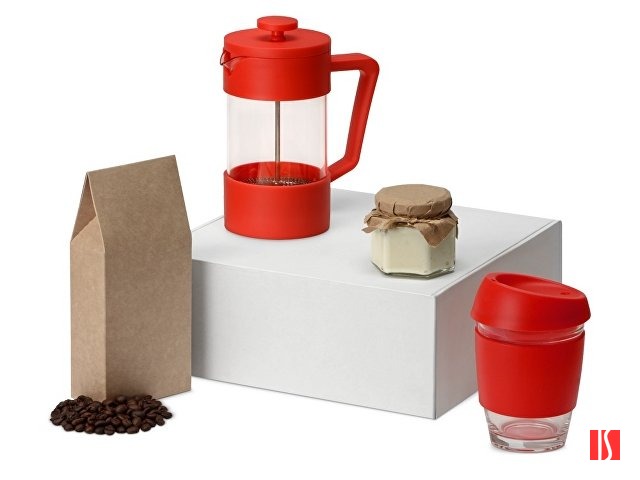 Подарочный набор с кофе, кружкой и френч-прессом "Бодрое утро", красный