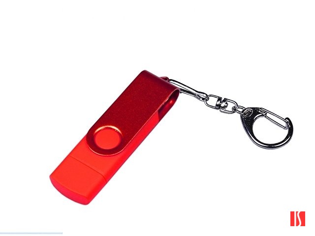 USB-флешка на 32 Гб 3 в 1 поворотный механизм, c двумя дополнительными разъемами MicroUSB и TypeC C с одноцветным металлическим клипом, красный