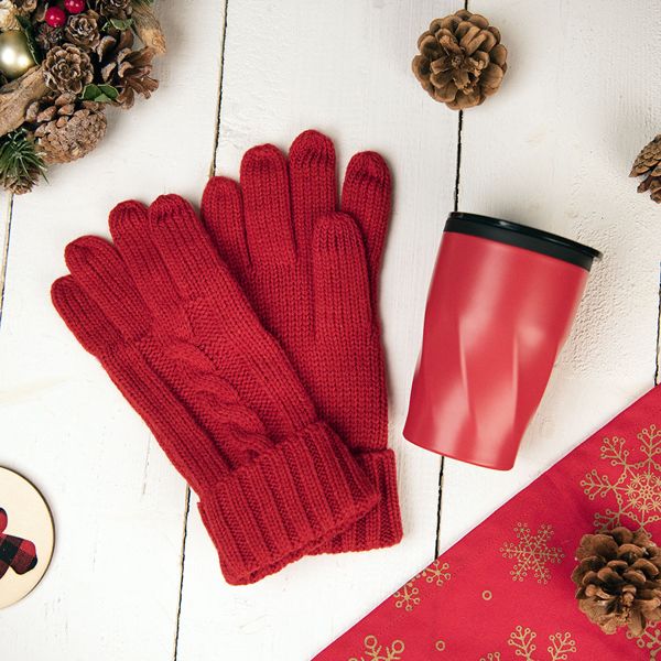 Подарочный набор LET IT JOY: перчатки сенсорные, термокружка, чай,  красный