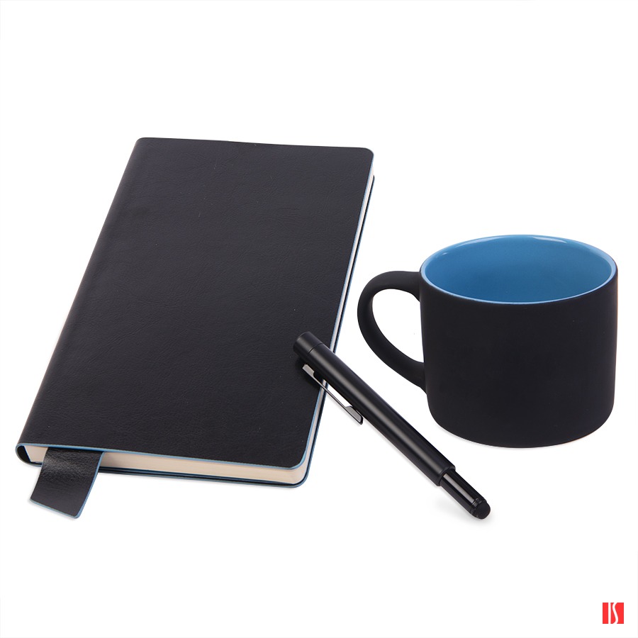 Подарочный набор DAILY COLOR: кружка, бизнес-блокнот, ручка с флешкой 4 ГБ, черный/голубой