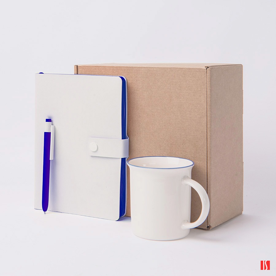 Набор подарочный : кружка, блокнот, ручка, коробка, стружка, белый с синим