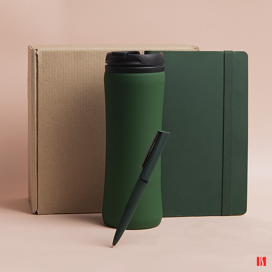 Набор подарочный OFFICEKIT: термос, ежедневник, ручка,  стружка, коробка, зелёный