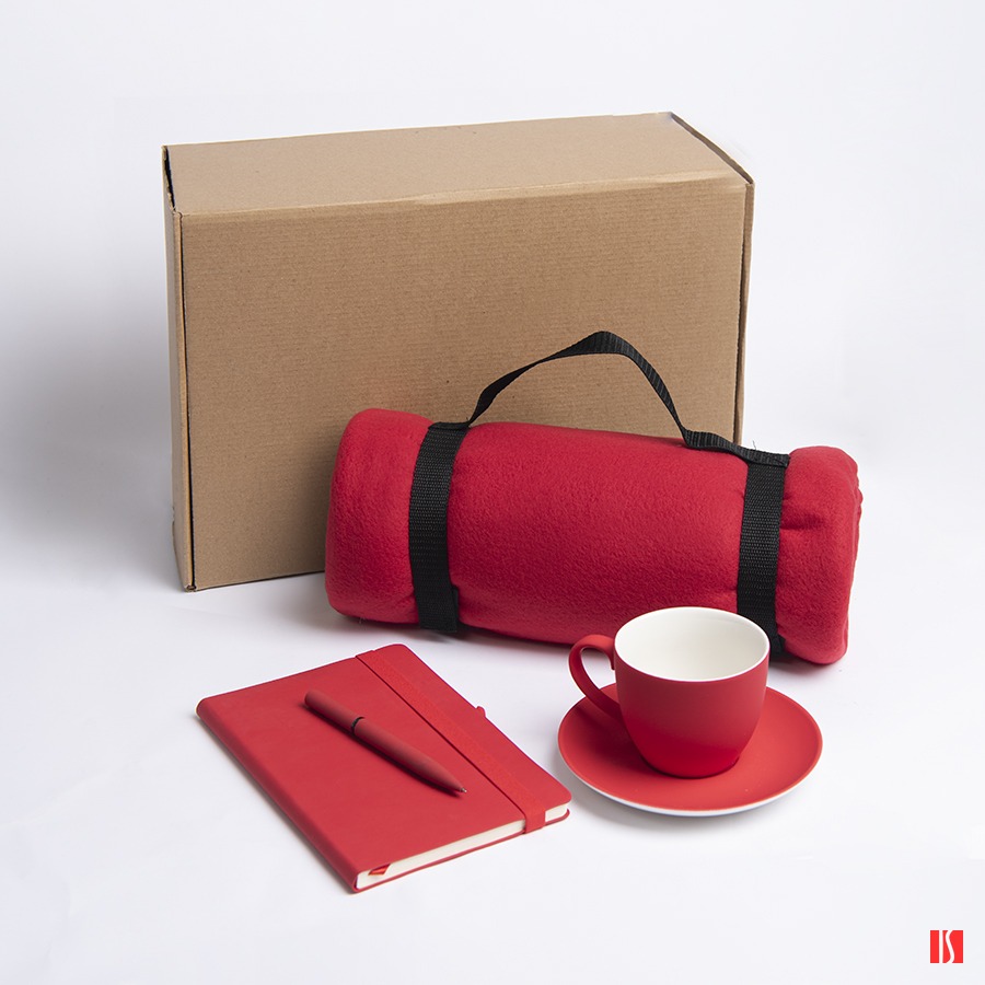 Набор подарочный COSINESS: плед, ежедневник, ручка, чайная пара, коробка, красный