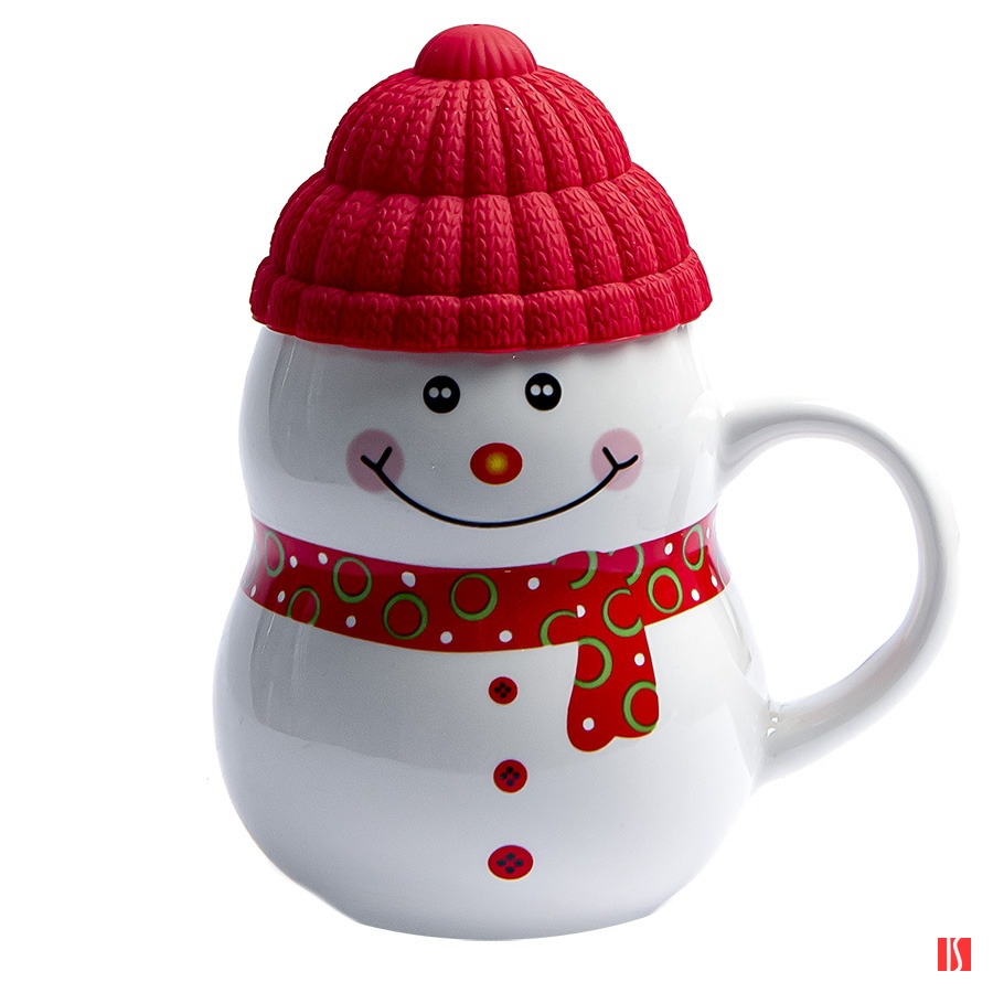 Кружка SNOWMAN с крышкой, белый с красным, 380мл, фарфор, силикон