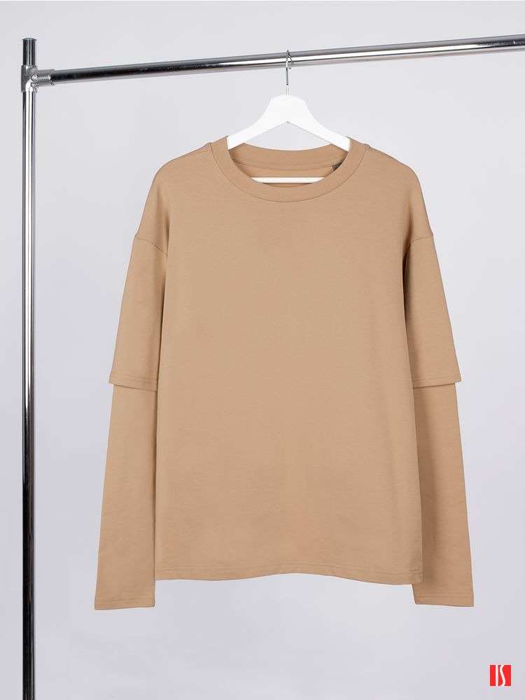 Купить Футболка оверсайз с двойным рукавом Kosmos, бежевая Футболка оверсайз с двойным рукавом Kosmos, бежевая