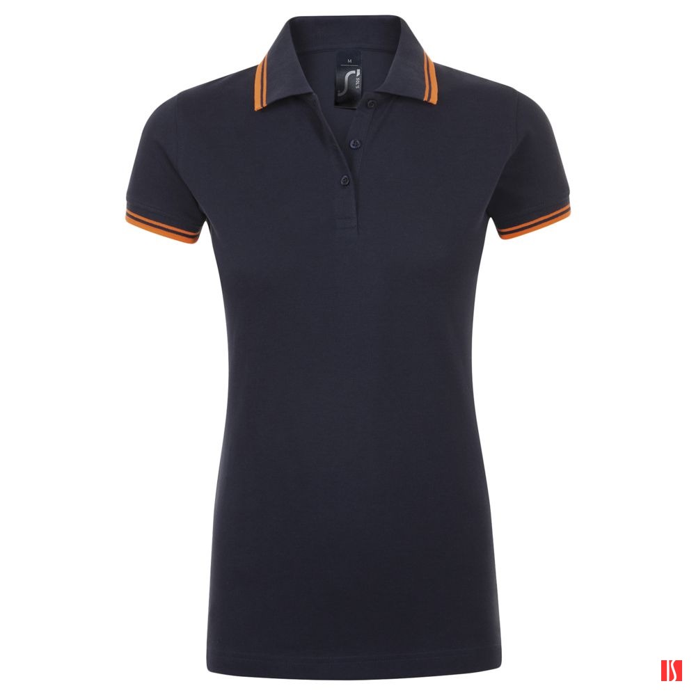 Купить Рубашка поло женская Pasadena Women 200 с контрастной отделкой, темно-синяя (navy) с неоново-оранжевым Рубашка поло женская Pasadena Women 200 с контрастной отделкой, темно-синяя (navy) с неоново-оранжевым