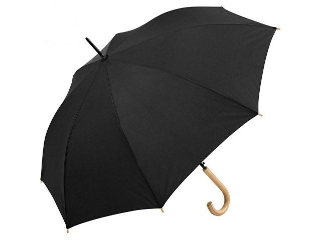 Зонт-трость «Okobrella» с деревянной ручкой и куполом из переработанного пластика, черный