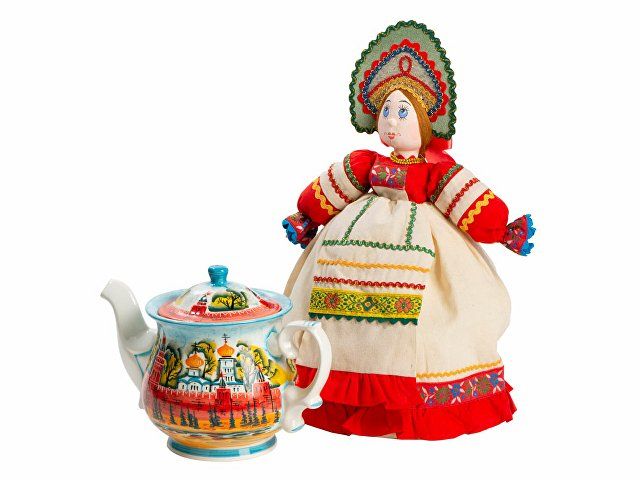 Набор "Зимняя сказка": кукла на чайник, чайник заварной с росписью, , чай травяной
