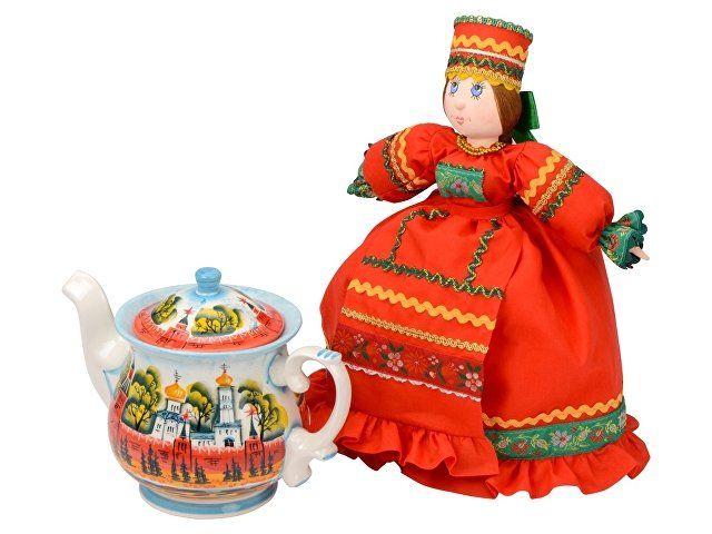 Набор "Кремлевский": кукла на чайник, чайник заварной с росписью, чай травяной