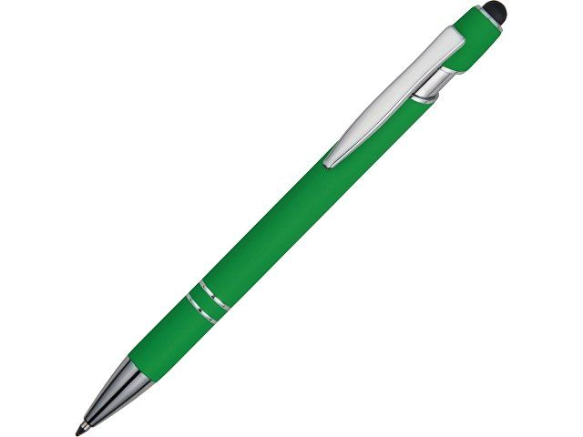 Ручка металлическая soft-touch шариковая со стилусом «Sway», зеленый/серебристый