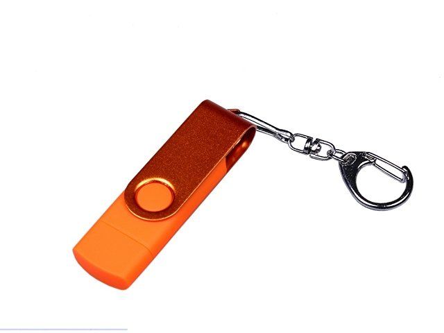 USB-флешка на 64 ГБ 3 в 1 поворотный механизм, c двумя дополнительными разъемами MicroUSB и TypeC C с одноцветным металлическим клипом, оранжевый