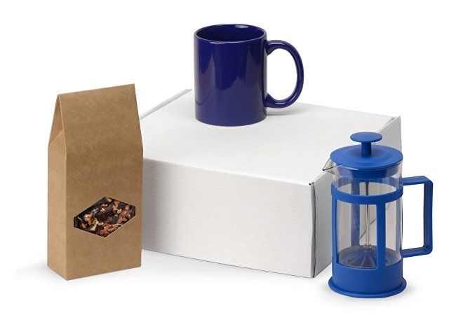 Подарочный набор с чаем, кружкой и френч-прессом "Чаепитие", синий
