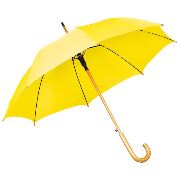 Зонт-трость с деревянной ручкой, полуавтомат; желтый; D=103 см, L=90см; 100% полиэстер; шелкография