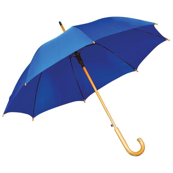 Зонт-трость с деревянной ручкой, полуавтомат; ярко-синий; D=103 см, L=90см; 100% полиэстер; шелкогра