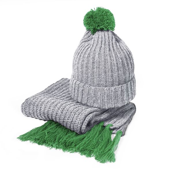 Вязаный комплект шарф и шапка GoSnow, меланж c фурнитурой, ярко-зелёный, 70% акрил,30% шерсть
